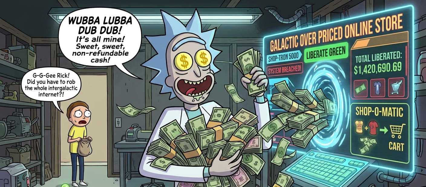 A cartoon scientist in a cluttered workshop, arms full of cash, beside a glowing storefront display reading Liberate Green.